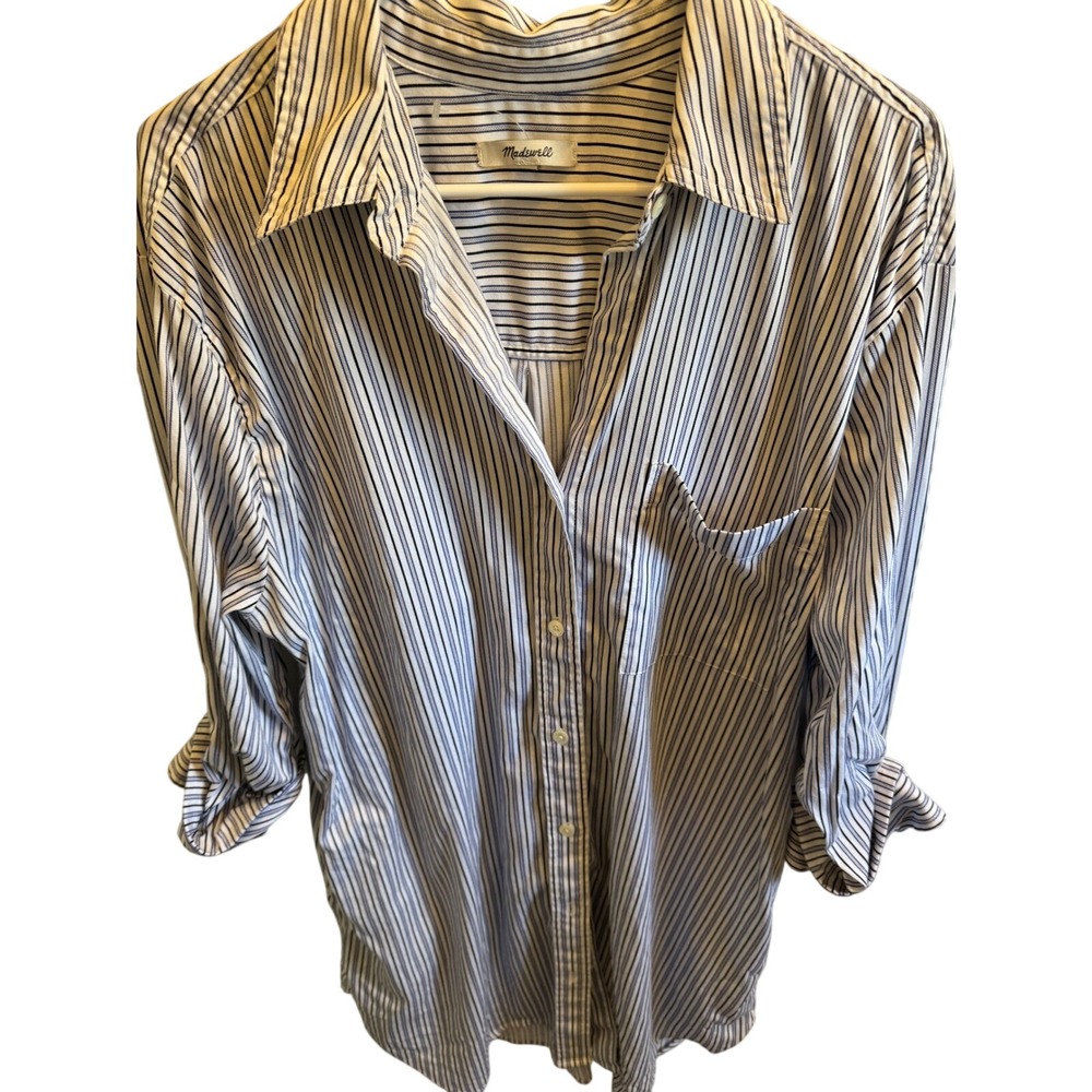 Madewell Womens XXL Striped Oversized Button Down Shirt Blue Black White Pockets